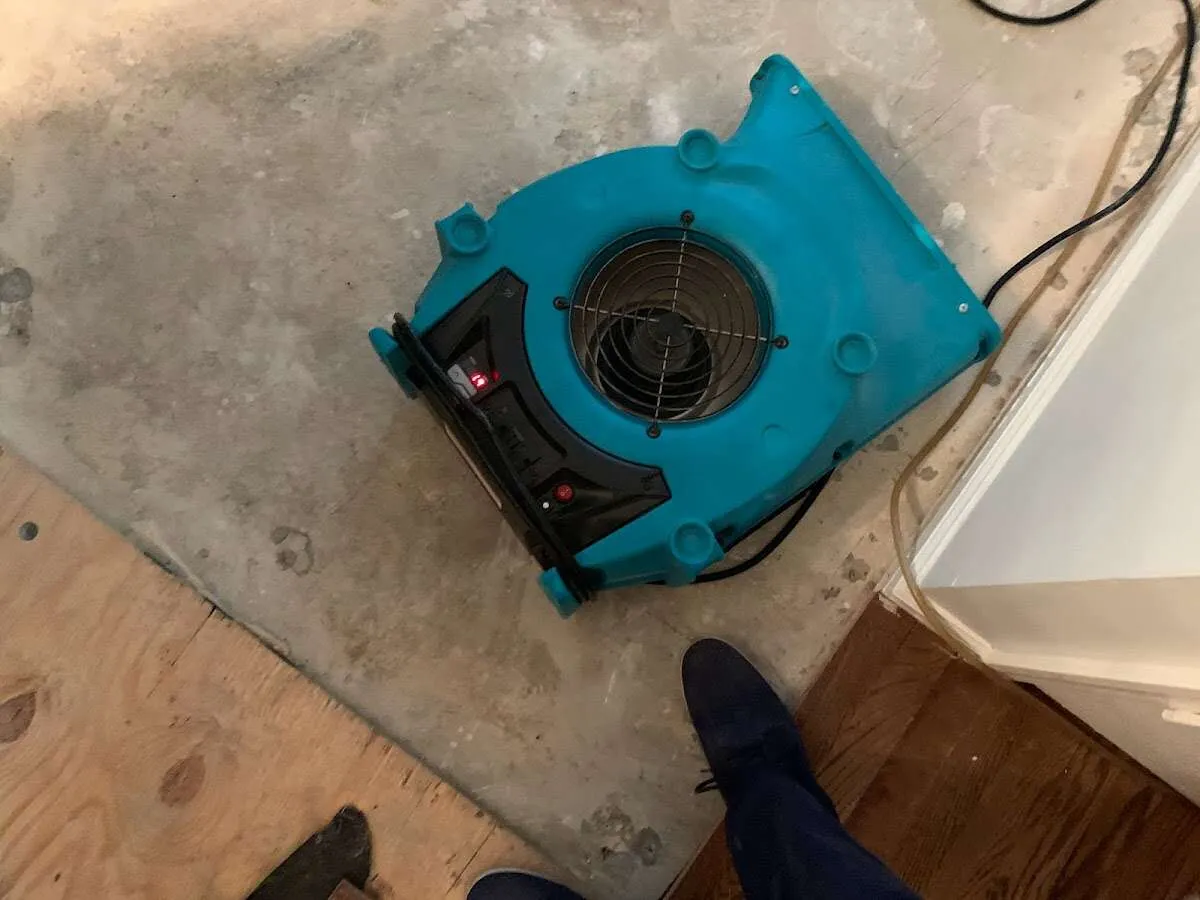 Air mover drying subfloor during Leak Detection & Repair in Clarksville
